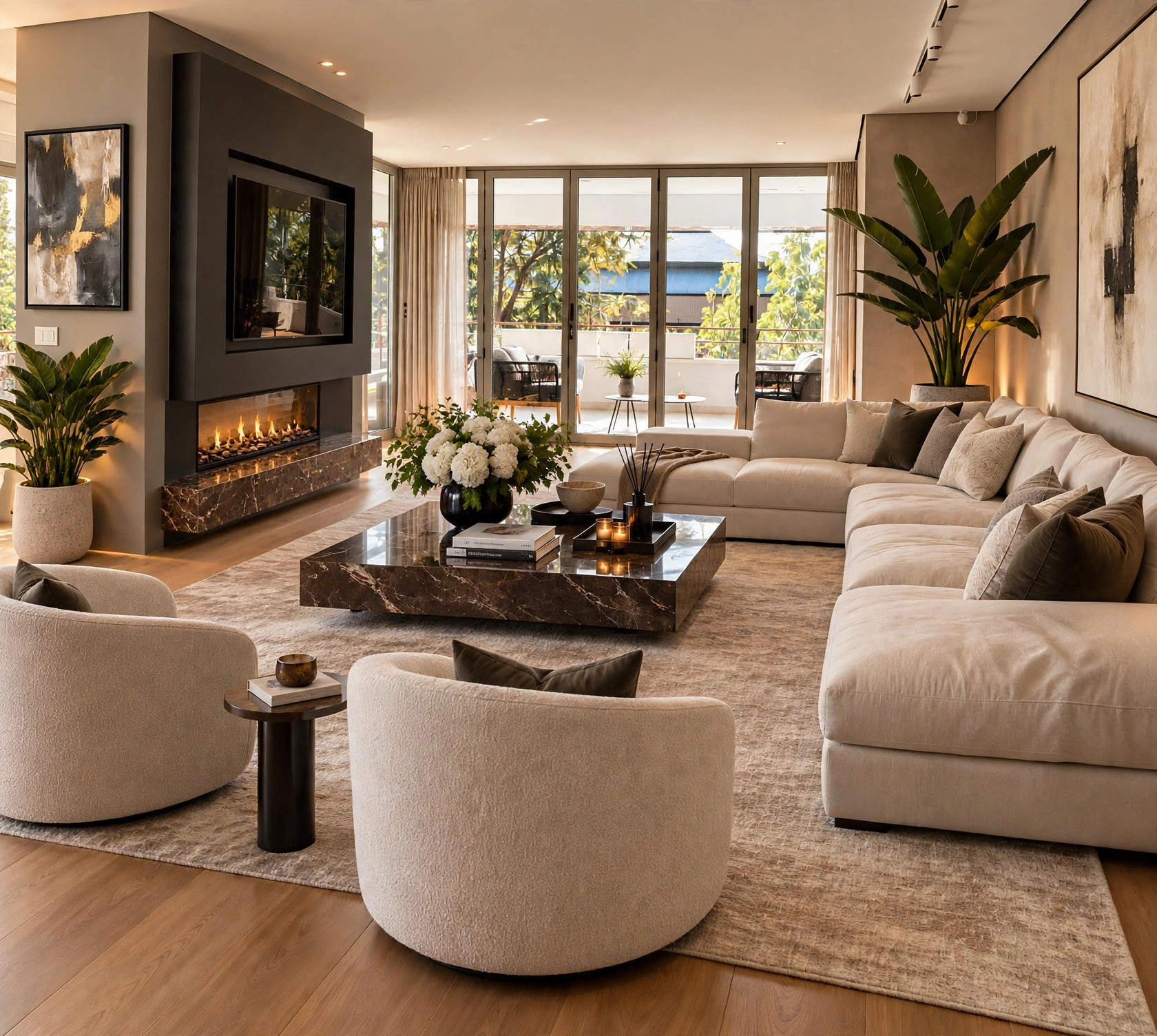Salón contemporáneo en tonos cálidos con chimenea y mobiliario de líneas orgánicas