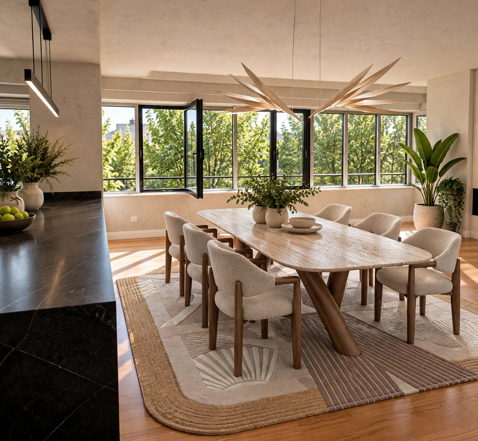Comedor luminoso con mesa de madera, textiles neutros y grandes ventanales